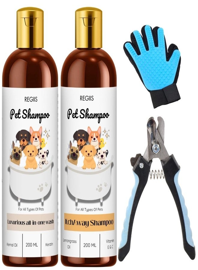 REGIIS Pet Shampoo Set with Grooming Tools, All-in-One Wash and Itch-Away Formula, 200 ML Bottles, Includes Deshedding Glove and Nail Clipper for Dogs(4 Pack) - Image 1